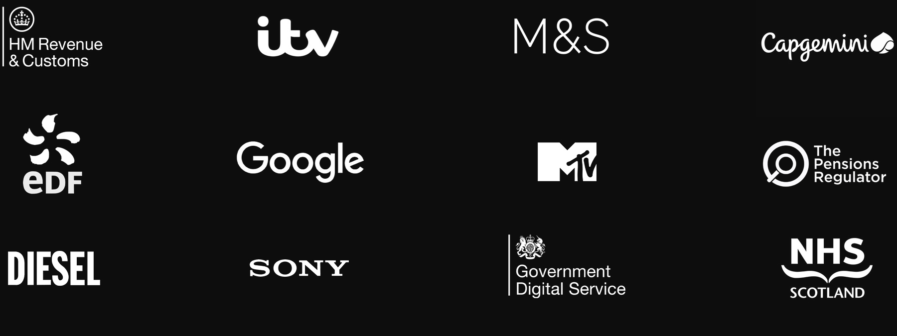 Clients have included: HMRC, ITV, M & S, Capgemini, EDF, Google, M T V, The Pensions Regulator, Diesel, Sony, Anythign Is Possible, N H S Scotland